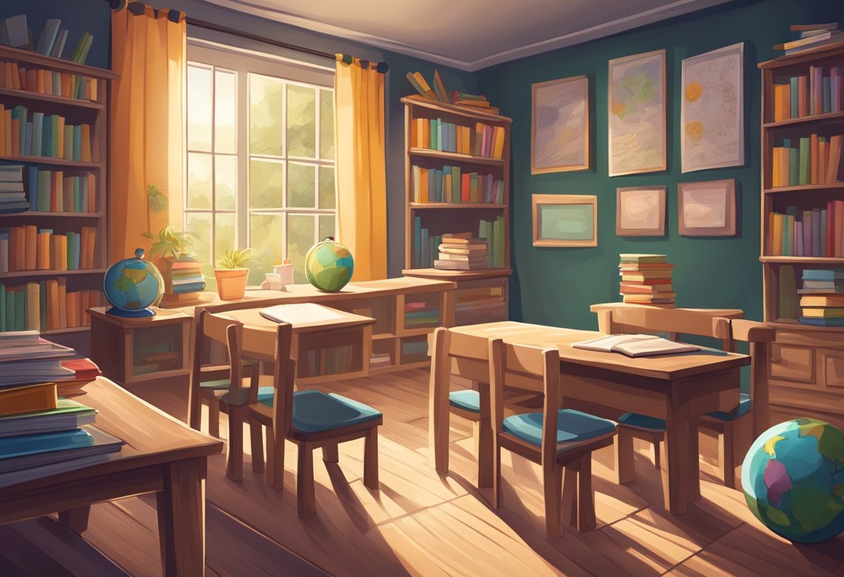 A cozy classroom with books, pencils, and a chalkboard. Outside, children play freely, enjoying a homework-free weekend or holiday