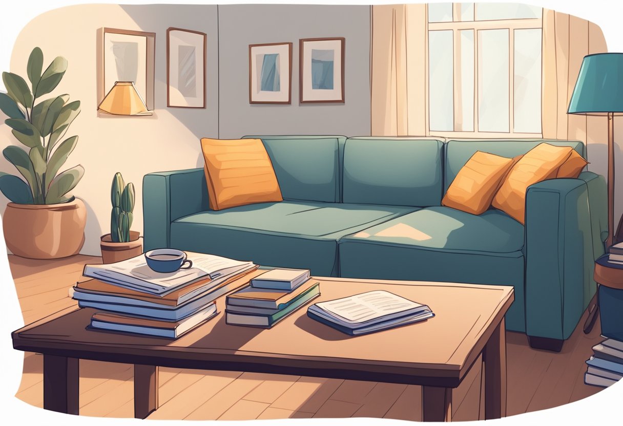 A cozy living room with a stack of books and papers on the coffee table. A calendar on the wall marks off weekends and holidays as "homework-free."