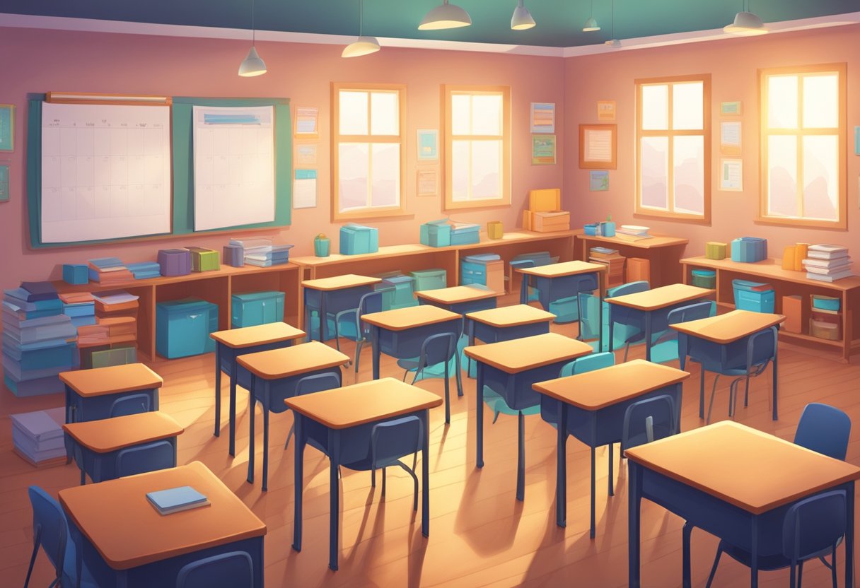 A cozy classroom with empty desks, soft lighting, and a calm atmosphere. A calendar on the wall marks the upcoming homework-free weekends and holidays