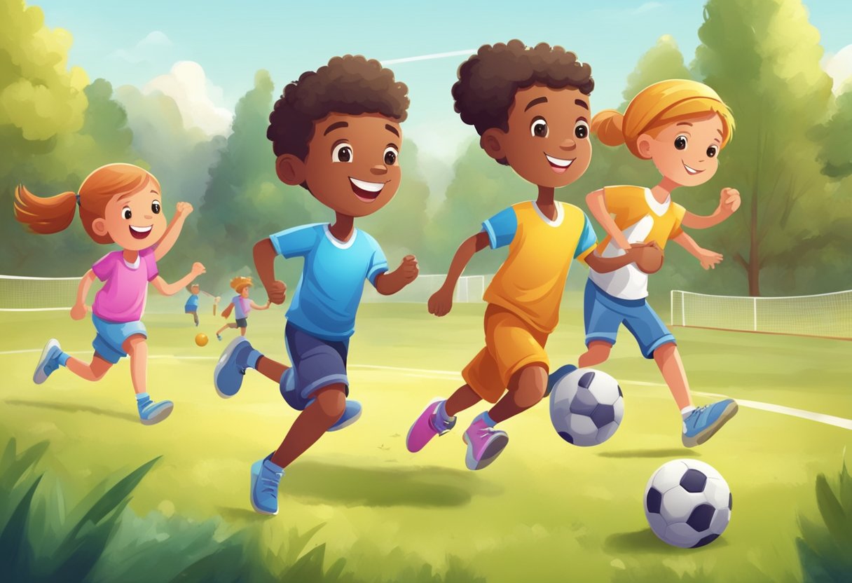Children playing sports and games with family, smiling and laughing. No homework in sight, just pure fun and relaxation during weekends and holidays