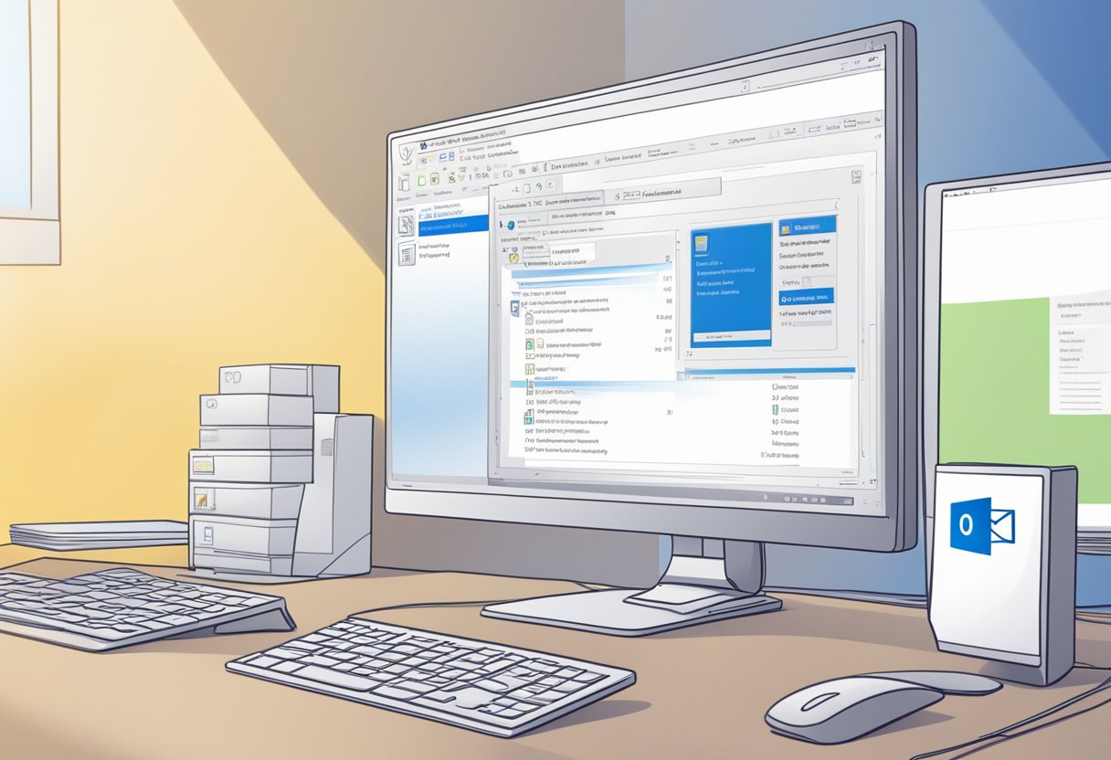 A computer screen displays the process of setting up and configuring Outlook. A prompt to delete Outlook data file is highlighted on the screen