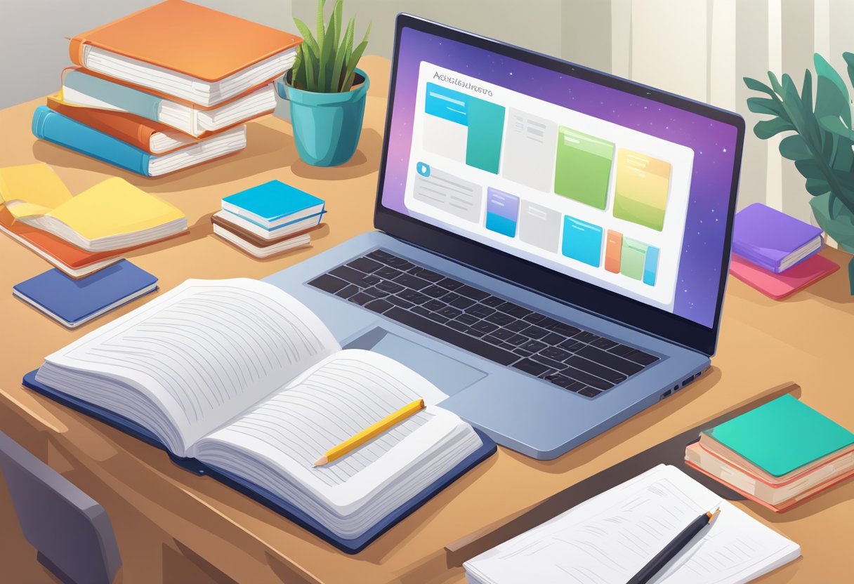 A student's desk with open textbooks, a dictionary, and colorful flashcards. A laptop displaying online resources. A poster with academic vocabulary