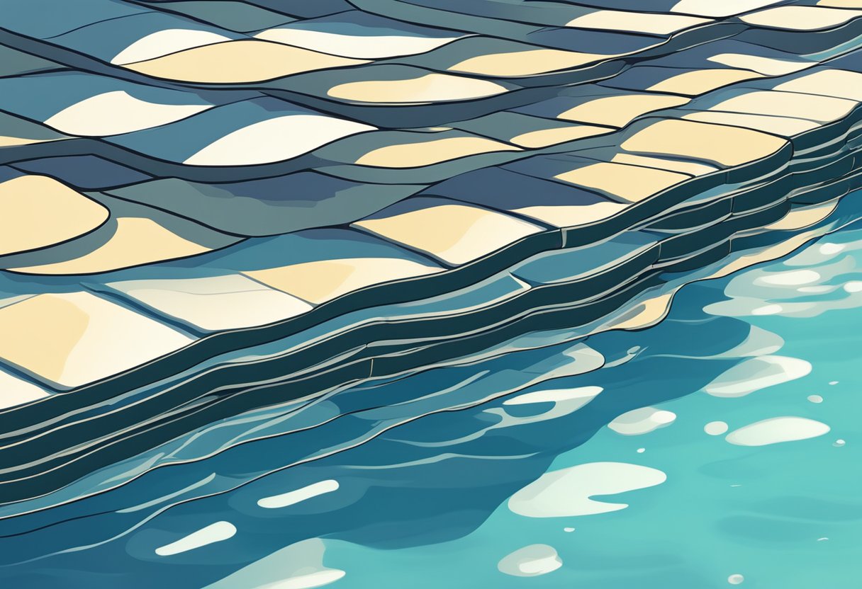 The pool covers lay neatly stacked beside the water's edge, reflecting the sunlight with their shiny surface