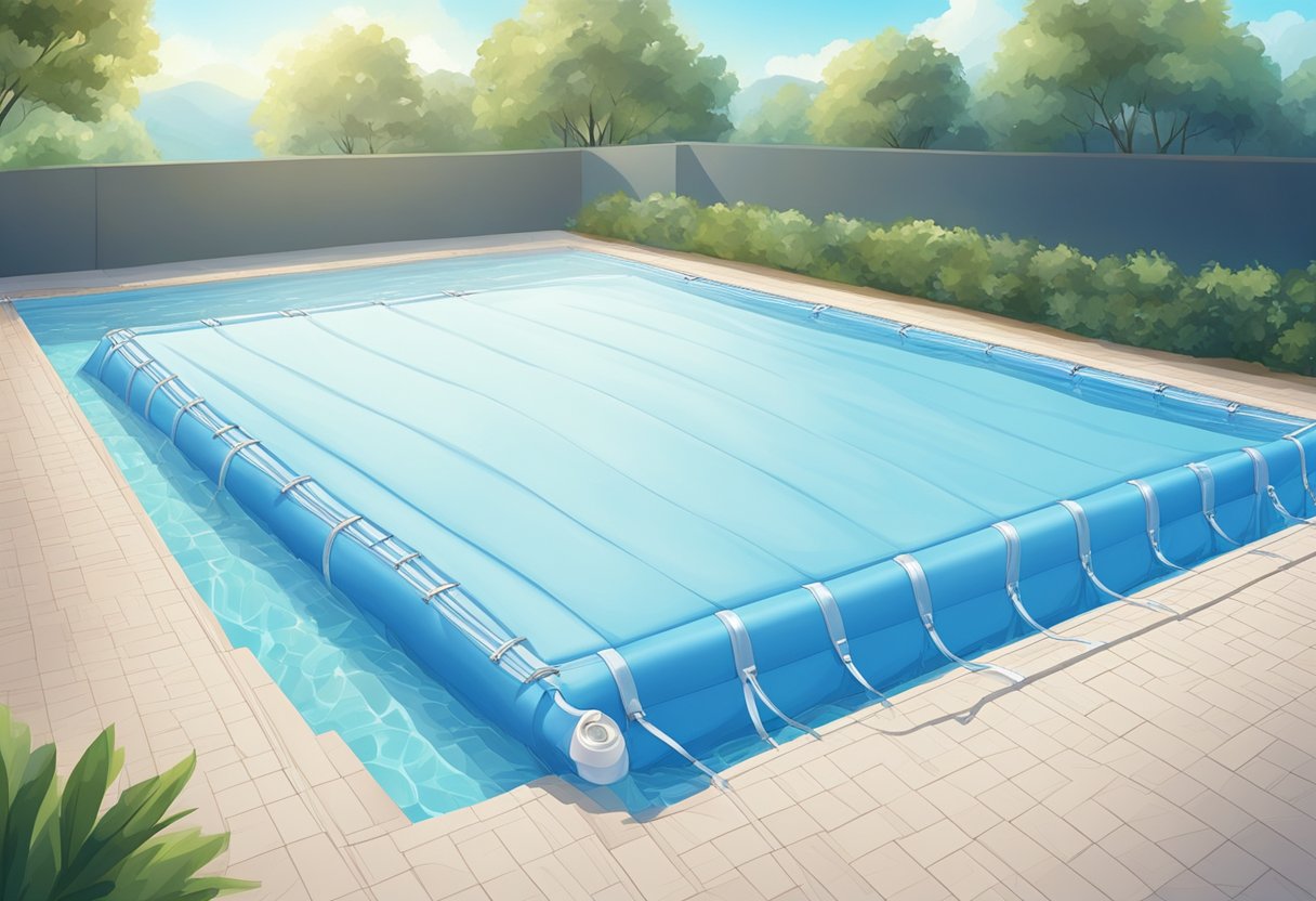 A pool cover lies flat over a sparkling blue pool, secured at the edges with anchors or straps, protecting the water from debris and retaining heat