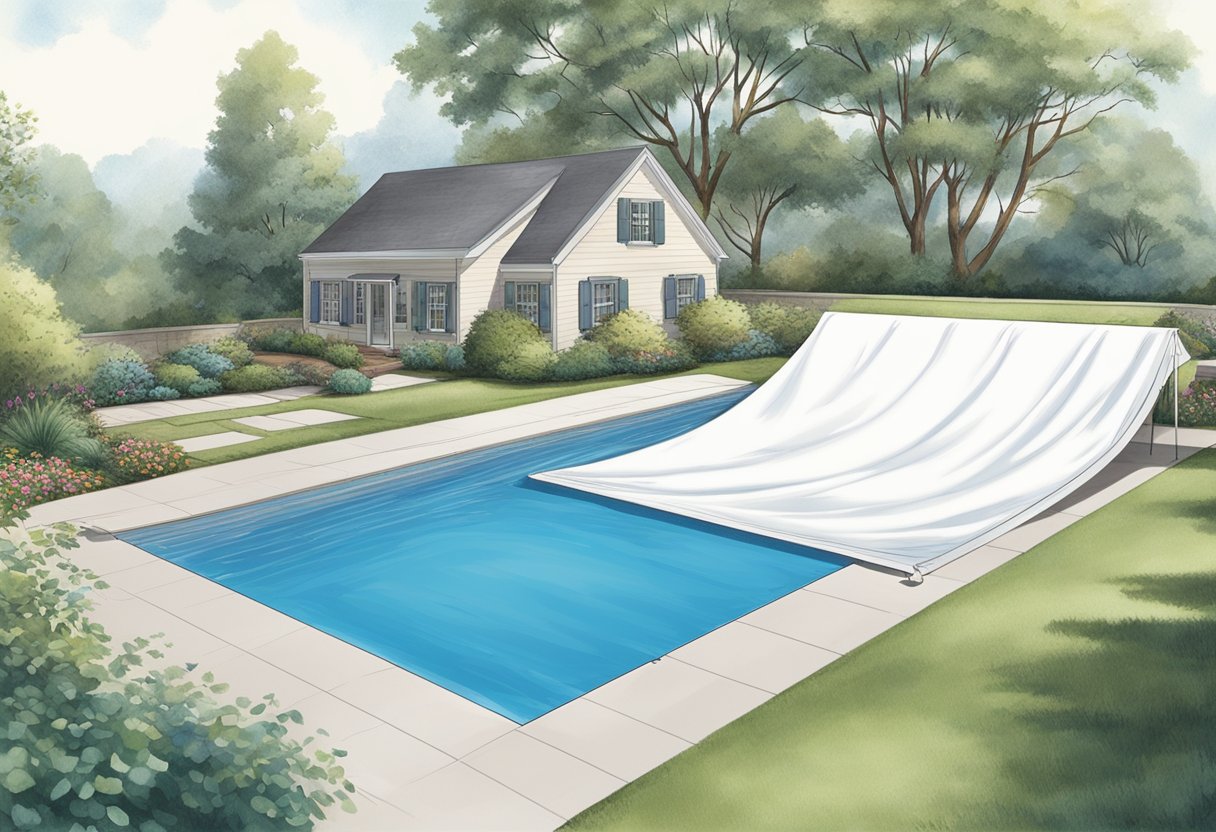 A pool cover is being carefully measured and laid out over the water, ensuring a snug fit and proper coverage