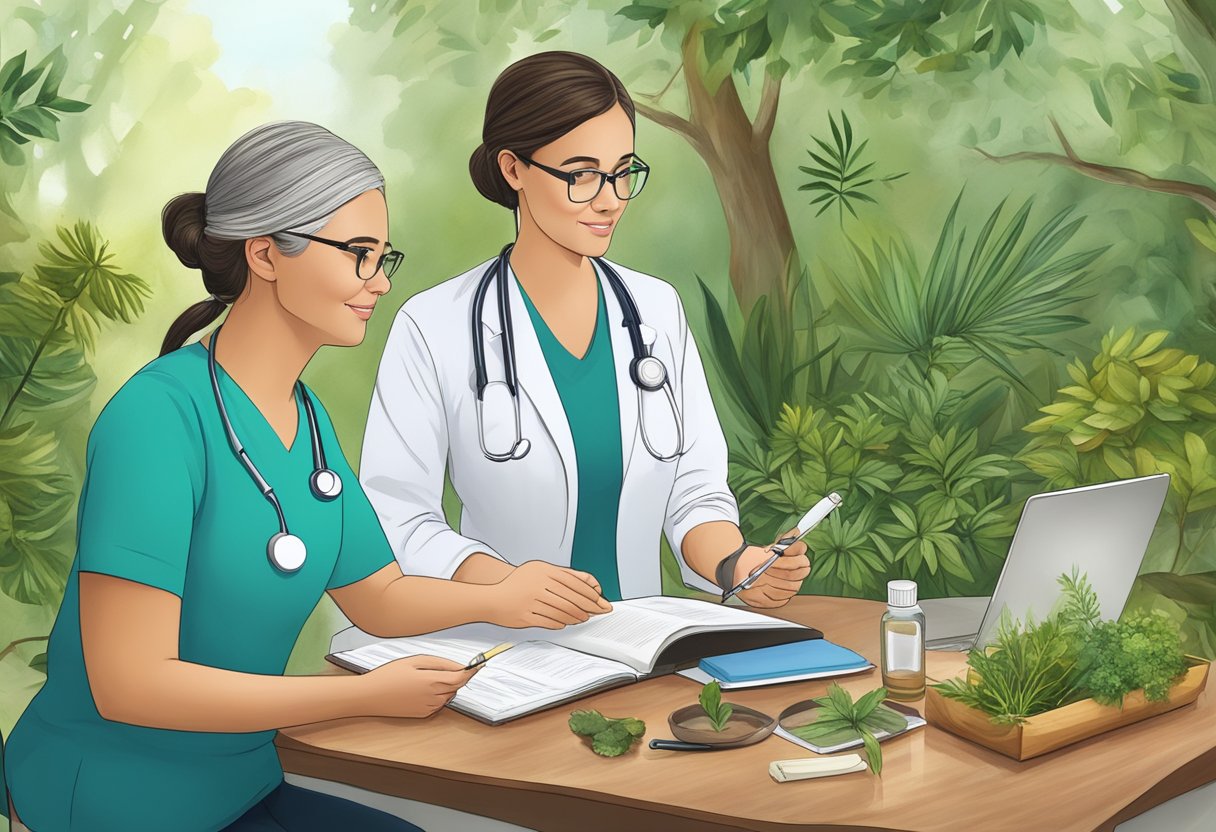 A functional health doctor consults with a patient, surrounded by natural elements and holistic healing tools, highlighting the integration of holistic medicine into everyday health