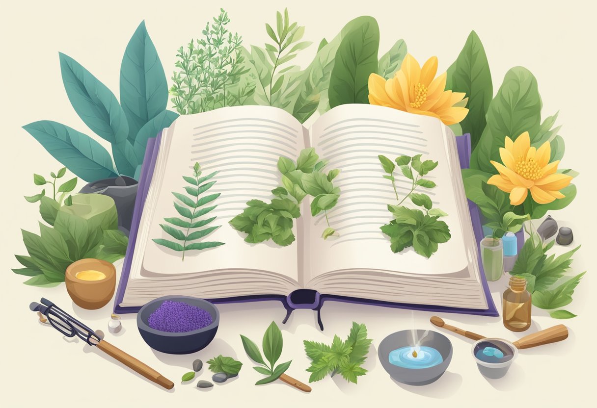 An open book with the title "Principles of Integrative Medicine" surrounded by various holistic healing tools and plants, symbolizing the integration of holistic medicine into everyday health