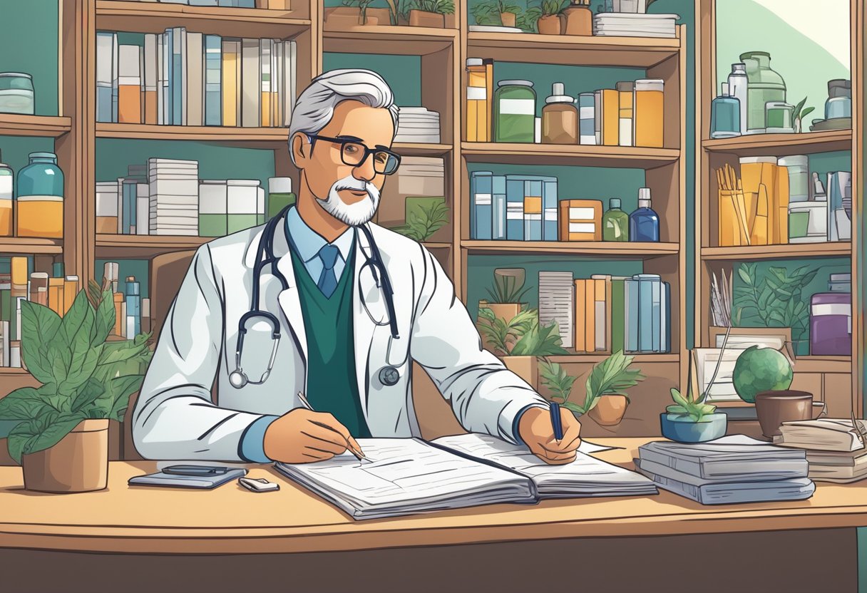 A functional health doctor sits at a desk, surrounded by charts and graphs. Natural remedies and supplements line the shelves. The doctor consults with a patient, emphasizing holistic approaches to daily health