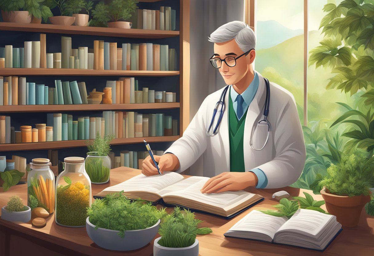 A functional health doctor examines herbs and supplements in a peaceful, natural setting, surrounded by books and research materials