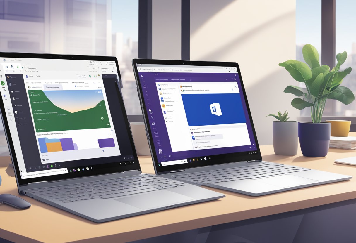 A laptop, tablet, and smartphone are open and displaying the Microsoft Teams interface. An Outlook window shows the process of adding the Microsoft Teams add-in