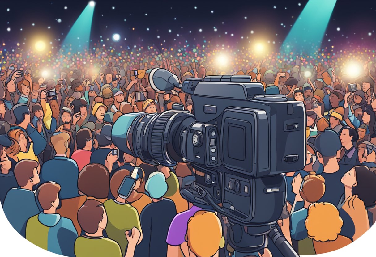 A camera capturing a live event with lights, microphones, and a crowd in the background