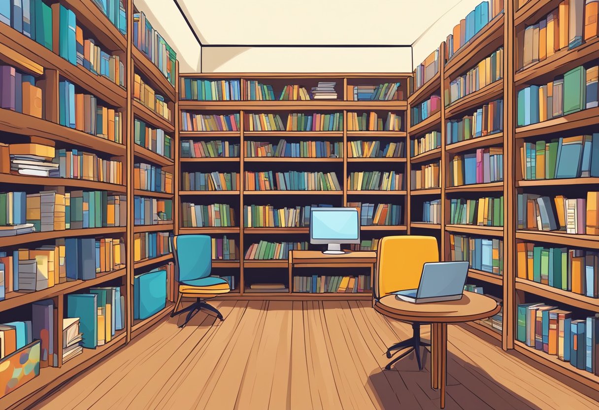 A well-stocked library with books, computers, and art supplies. Shelves neatly organized with educational materials. Bright, inviting space for learning and creativity