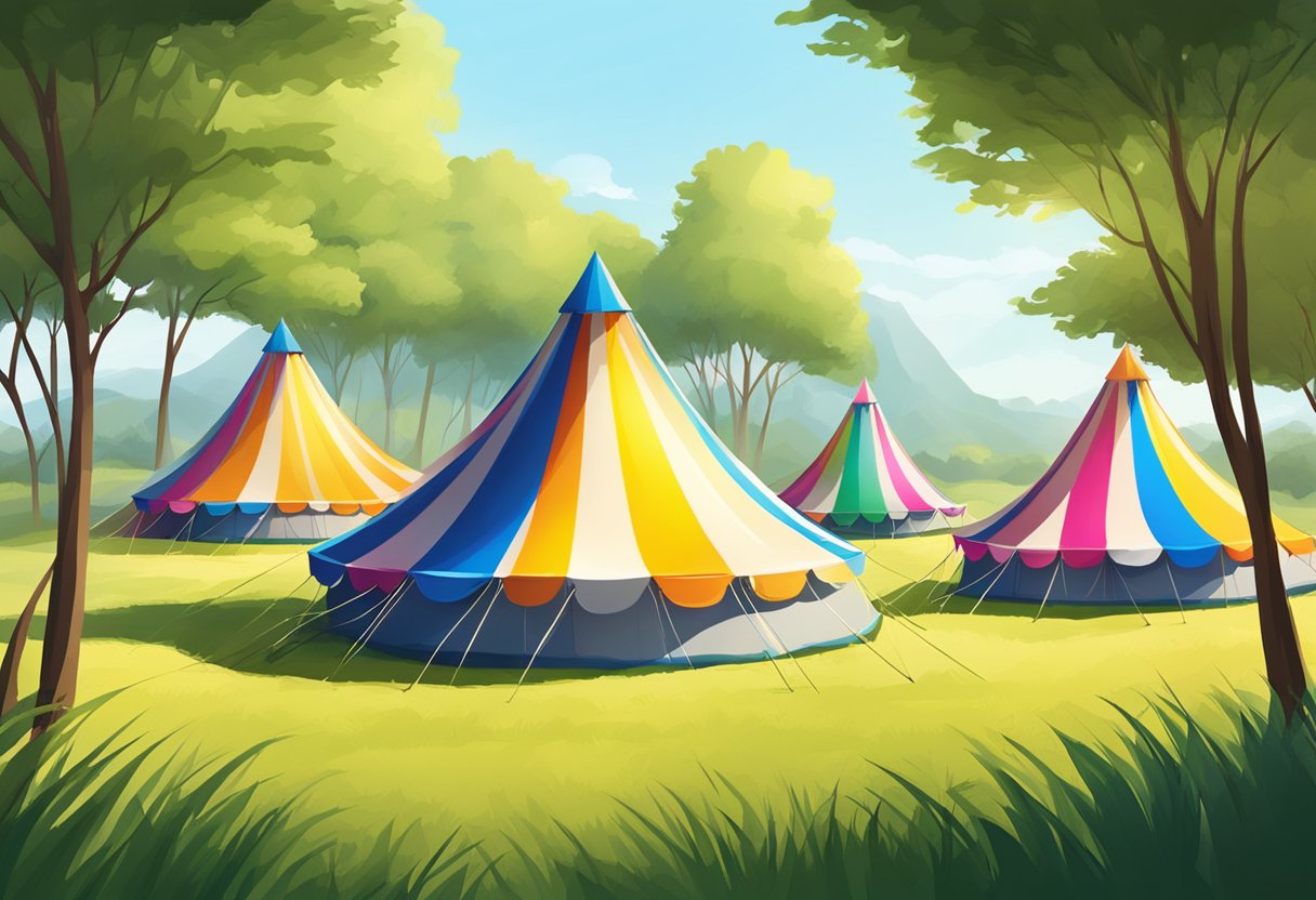 Marquee tents stand tall in a grassy field, their colorful stripes catching the sunlight as they provide shelter and shade for an outdoor event