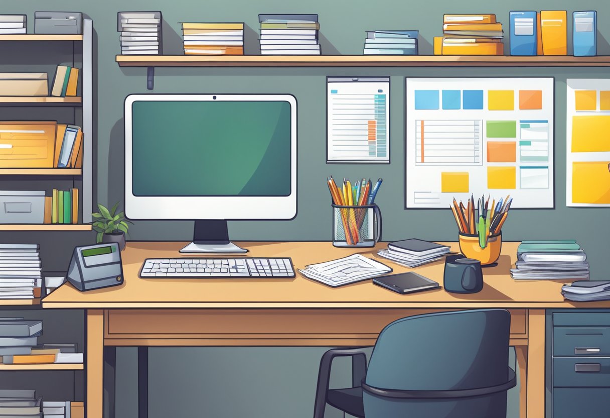 A desk with organized files, a calculator, and a budget spreadsheet. Shelves stocked with necessary supplies. A well-maintained office space with efficient use of resources