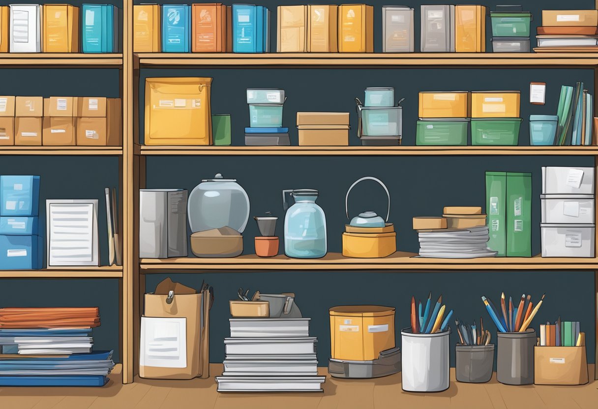 A diverse array of resources and materials neatly organized on shelves and tables, with labels and signs indicating their purpose and importance