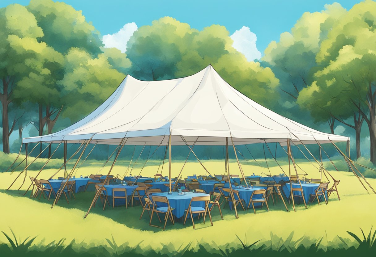 A colorful tent being set up in a grassy field, surrounded by trees and a clear blue sky. Tables and chairs are being arranged inside