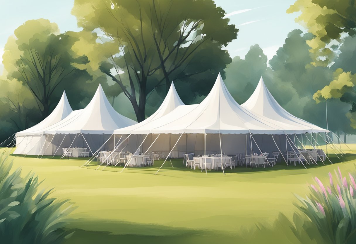 Various tents for hire: traditional A-frame, modern dome, and spacious marquee. Set up in a grassy field with trees in the background