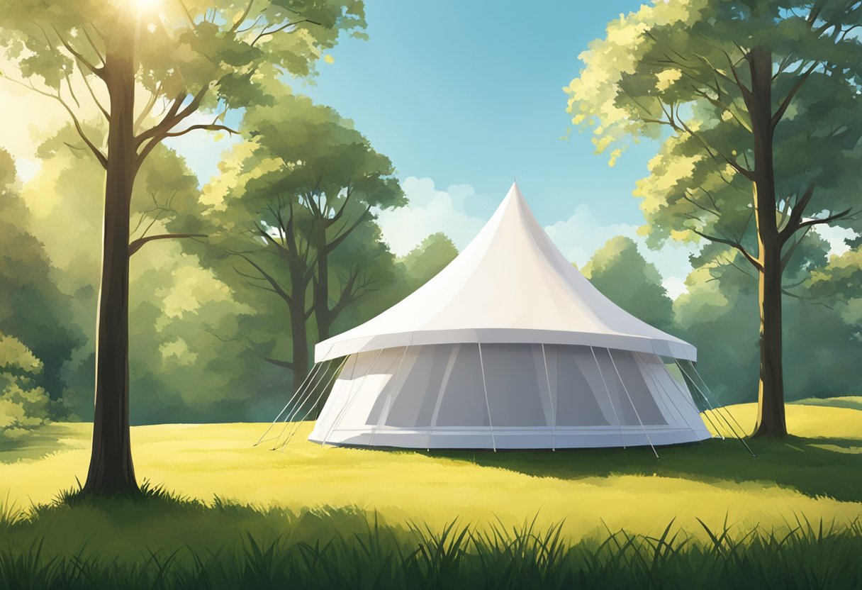 A white tent stands in a grassy field, surrounded by trees. The sun shines down on the structure, casting shadows across the ground