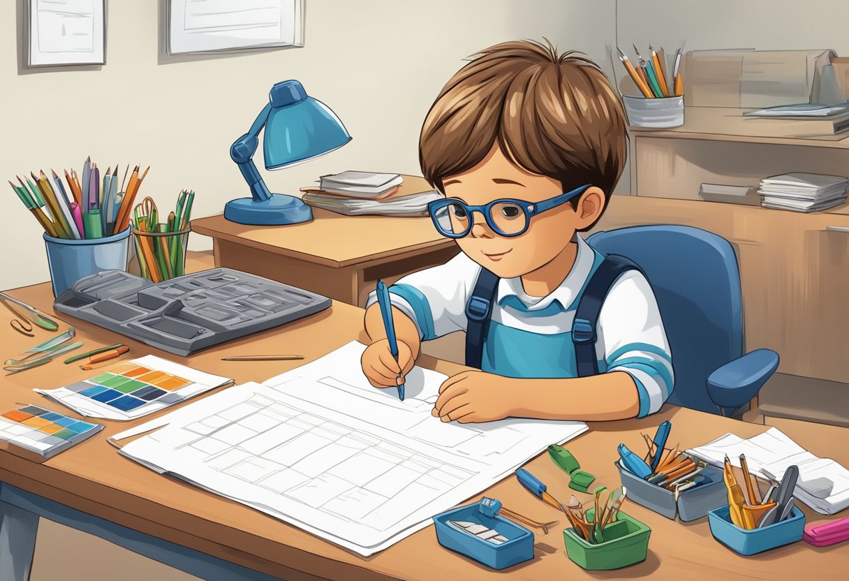 A child sits at a desk, surrounded by various tools and resources. They are engaged in a task, using a checklist or chart to track their progress and make adjustments as needed