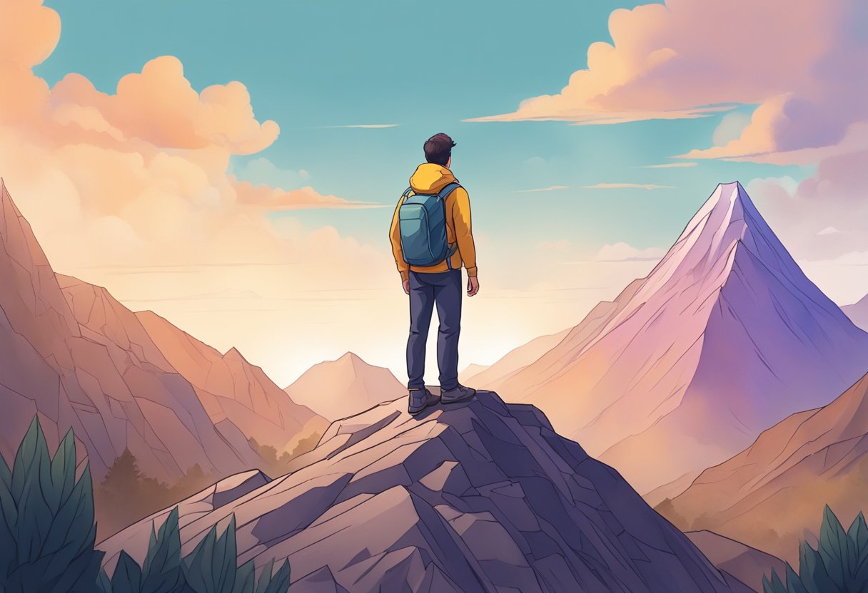 A person facing a mountain of obstacles, but standing tall with determination and resilience, using self-monitoring and self-regulation skills to overcome challenges
