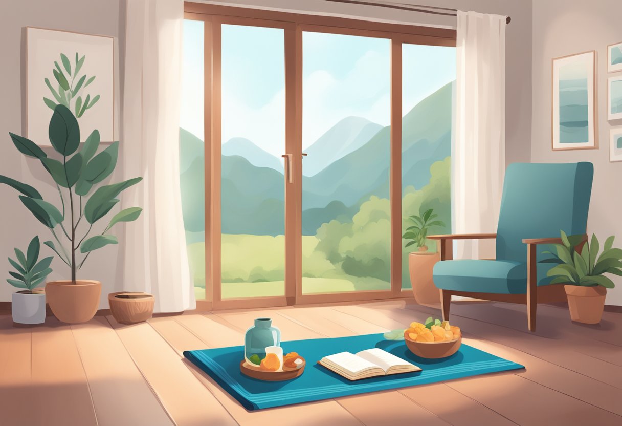 A cozy, well-lit living room with a yoga mat, healthy snacks, a journal, and a calming essential oil diffuser. Outdoor scenery visible through the window