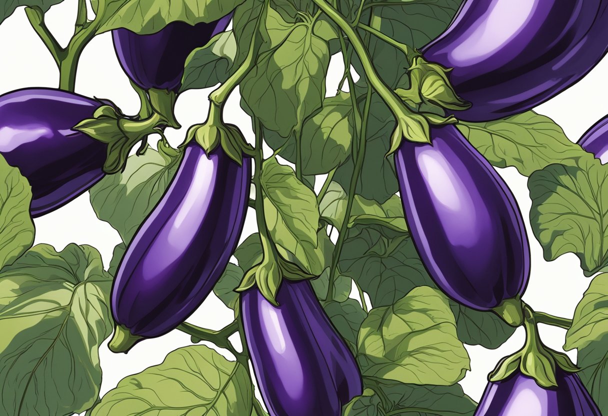 Ripe Japanese eggplants hang from the plant, their glossy purple skin shining under the sunlight. The stems are sturdy and the vegetables are plump, indicating they are ready for harvest
