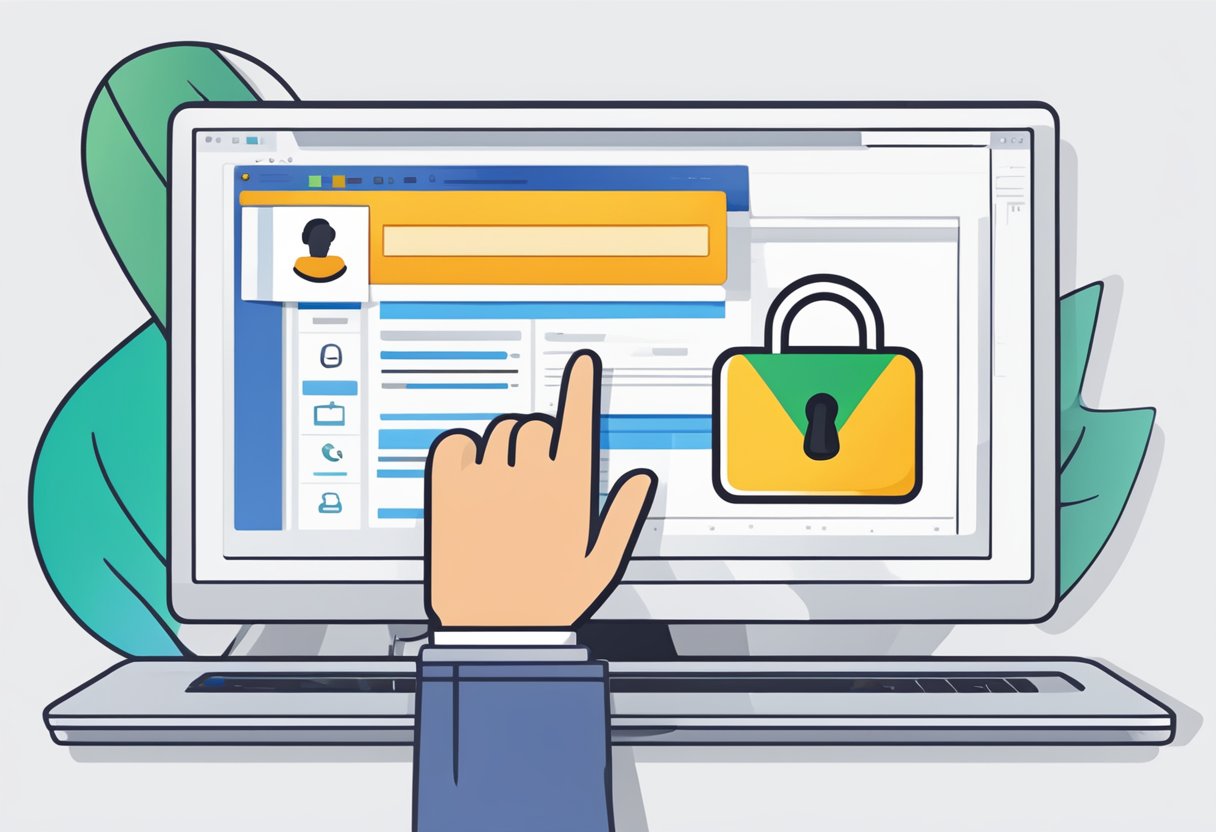A computer screen with a Microsoft Outlook login page, a hand entering recovery information, and a lock symbol indicating security