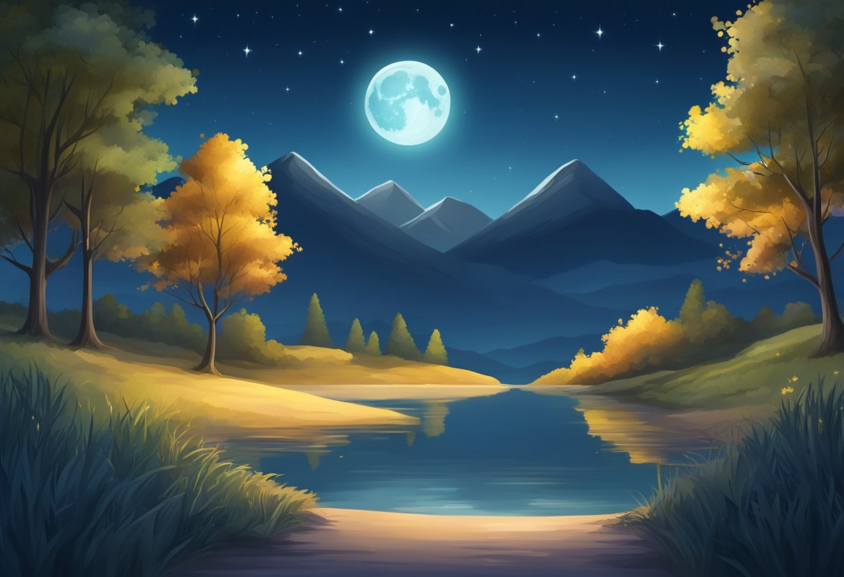 A peaceful night scene with a starry sky, a glowing moon, and a calm, quiet atmosphere