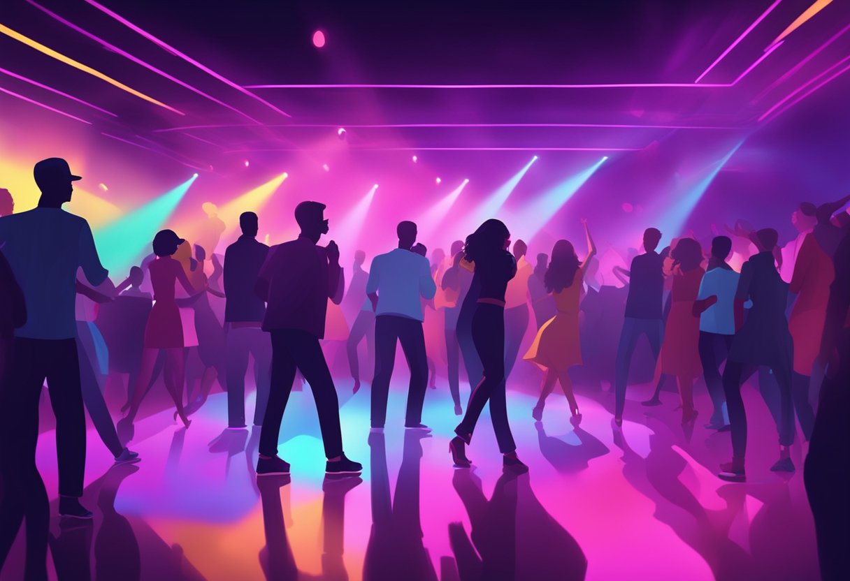 A dimly lit nightclub with pulsating music and a smoky atmosphere. Flashing lights illuminate the dance floor as people move and sway to the rhythm