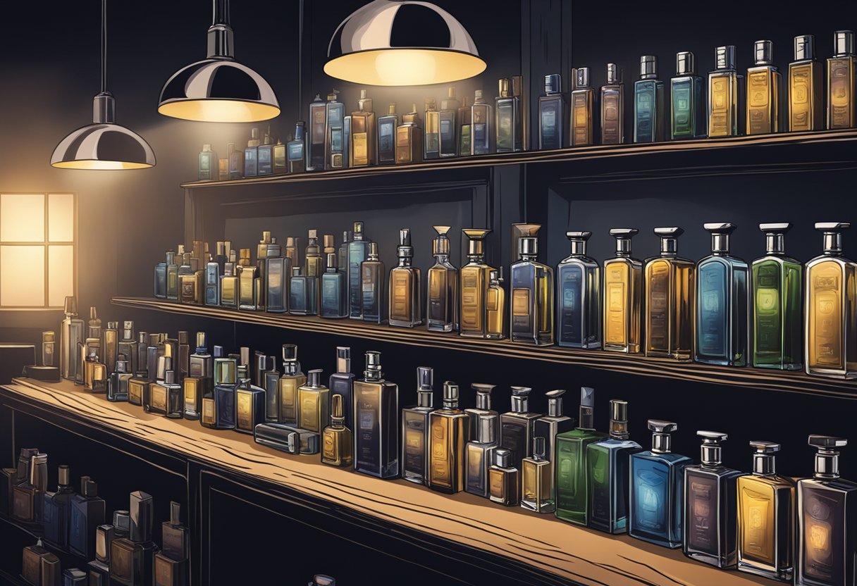 A dimly lit room with shelves of various cologne bottles. A spotlight on Club de Nuit Intense Man. Surrounding bottles are blurred