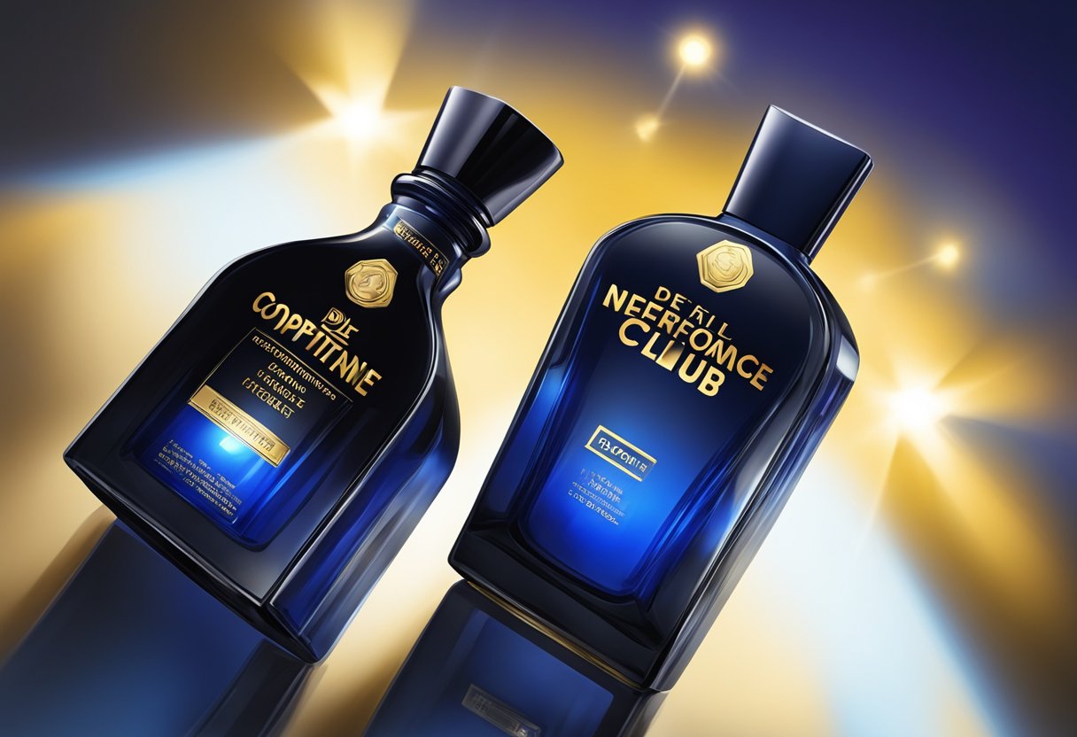 A dark, sleek bottle of Comparisons and Performance club de nuit intense man stands on a reflective surface, with a spotlight highlighting its bold and sophisticated design