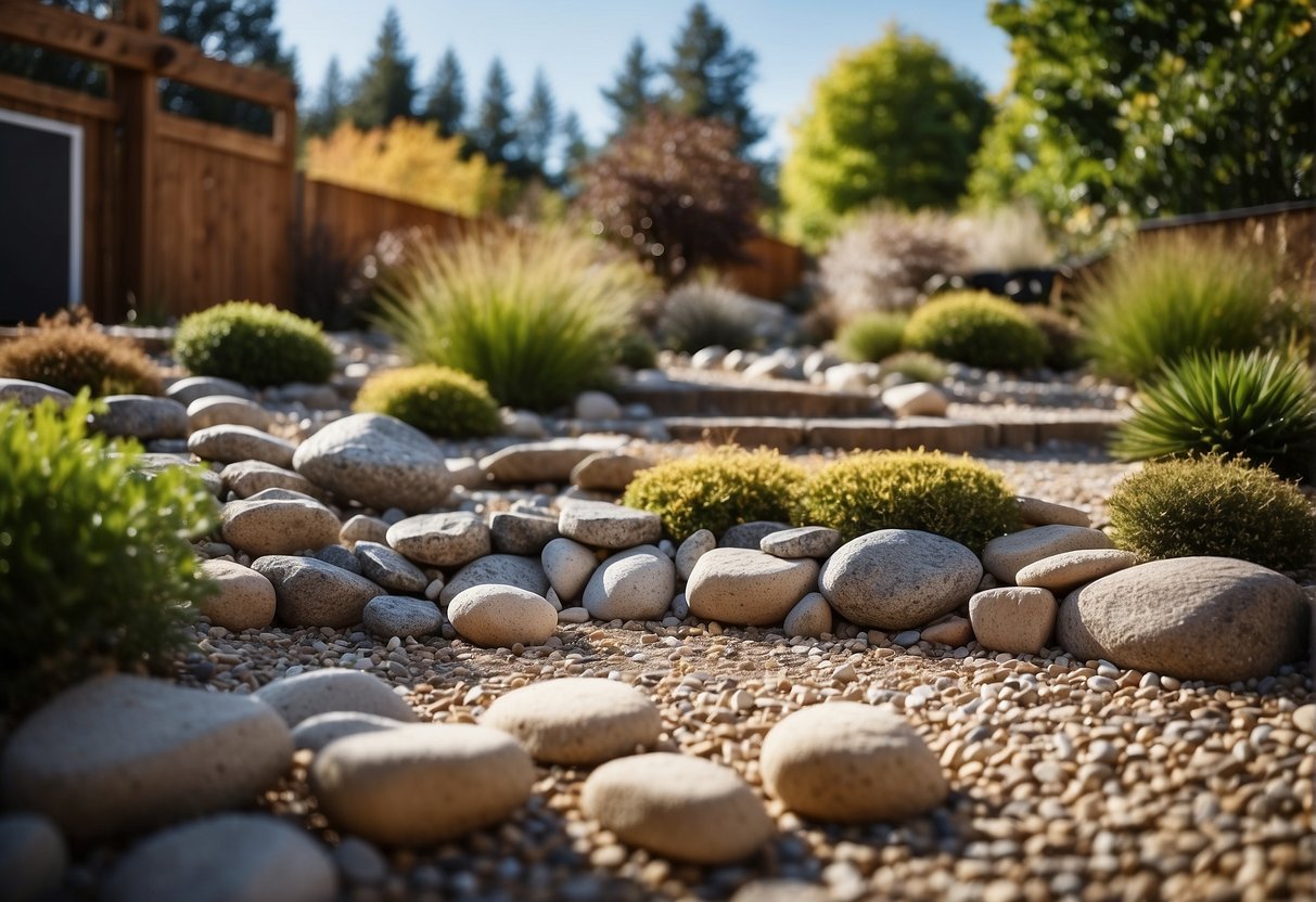 A backyard with various rock landscaping ideas, including stacked stone walls, gravel pathways, and boulder accents