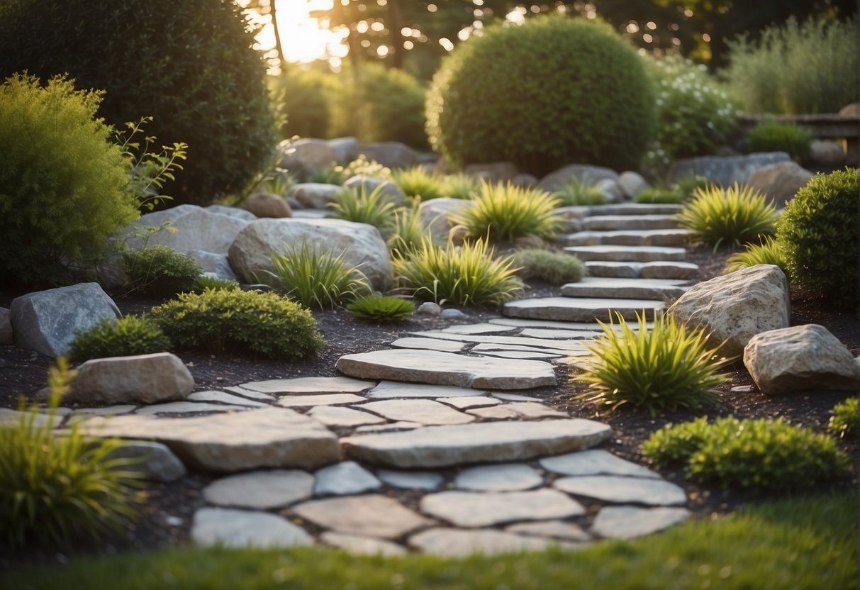 A backyard with various rock landscaping ideas, including stone pathways, garden borders, and rock features like a waterfall or pond