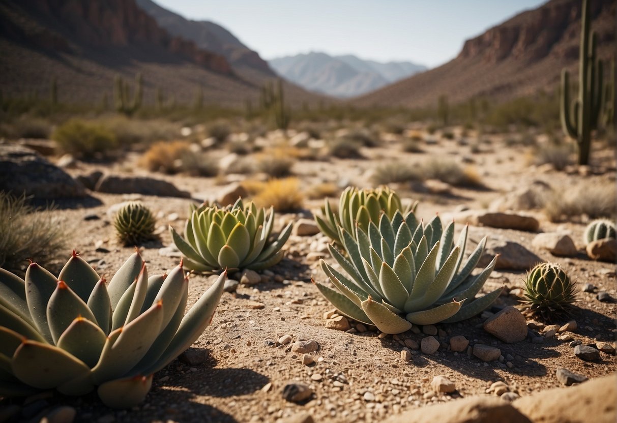 A desert landscape with rocks arranged in a dry riverbed, surrounded by cacti and succulents. Sparse vegetation and a hot, arid climate are depicted