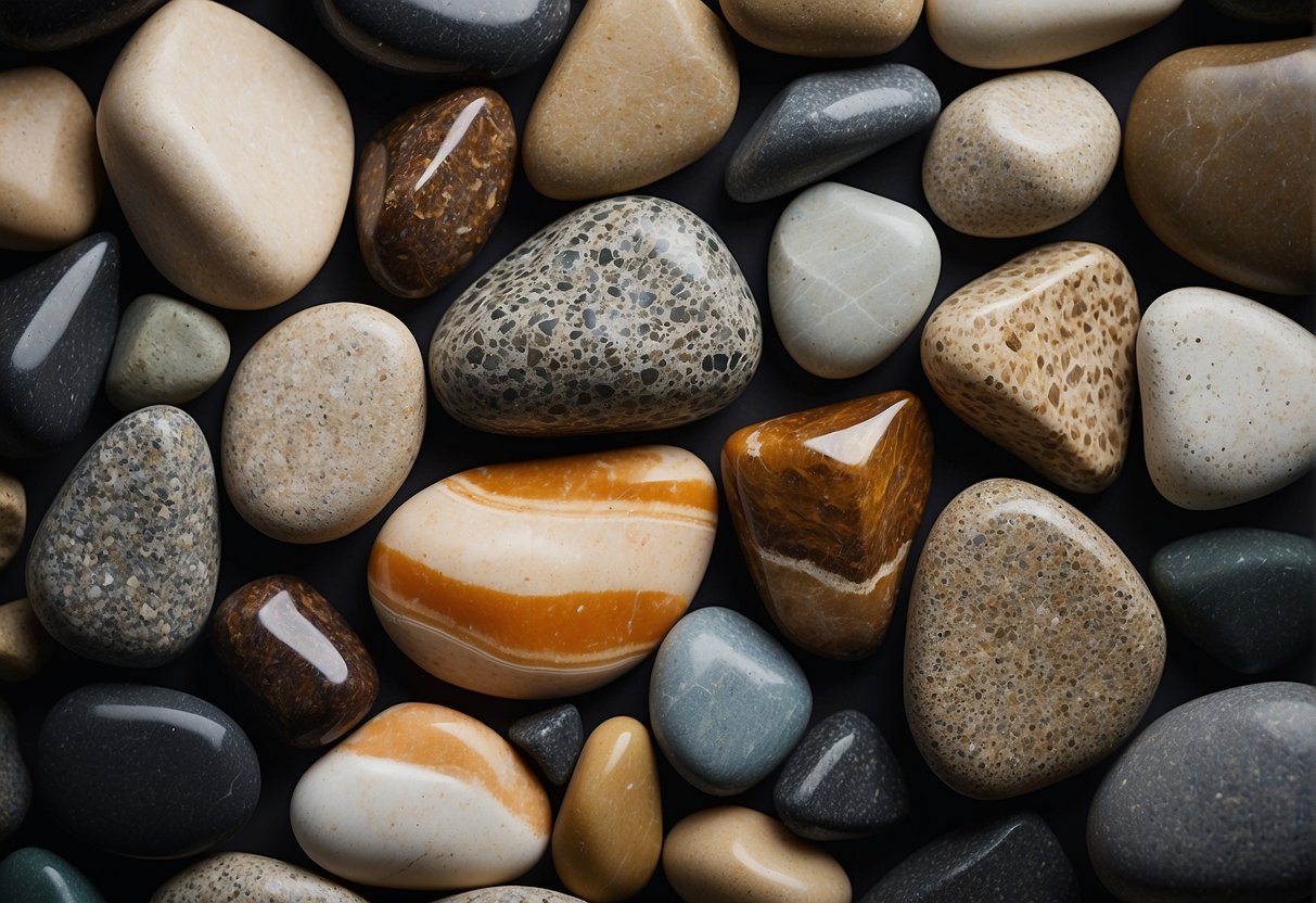 A variety of rocks of different shapes and sizes are arranged in a natural and aesthetically pleasing manner, with the addition of decorative elements such as plants, gravel, and ornaments to enhance the overall appearance