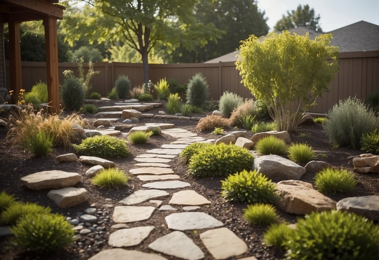 A backyard with various rock landscaping features, including pathways, raised beds, and water features, all designed with budgeting and cost considerations in mind