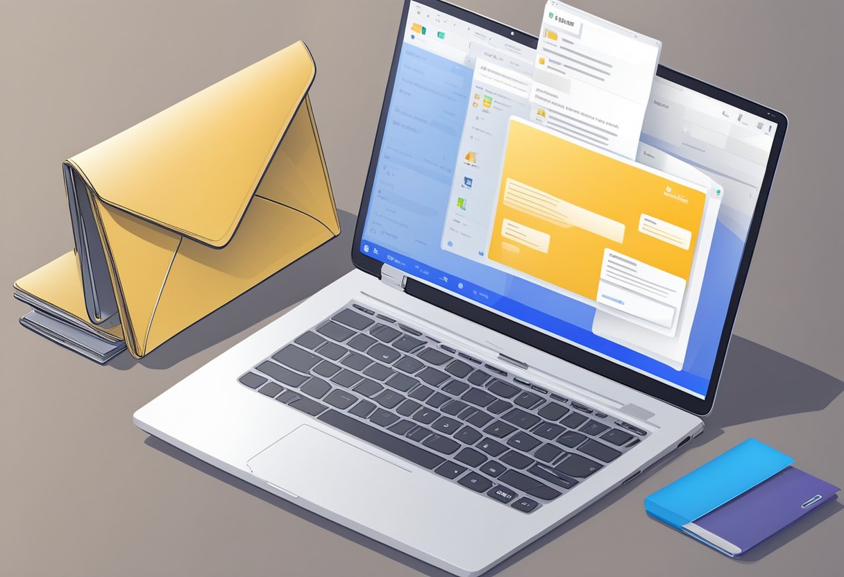 An open laptop displaying the Outlook interface with an email selected, and the folder location highlighted on the screen