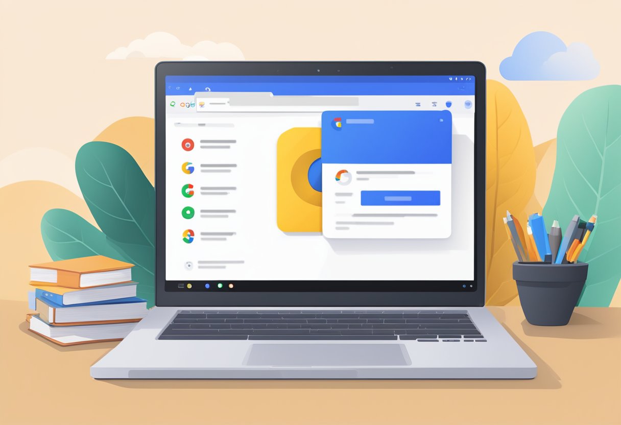 A laptop screen with Google account settings open, Outlook in the background with a pop-up notification