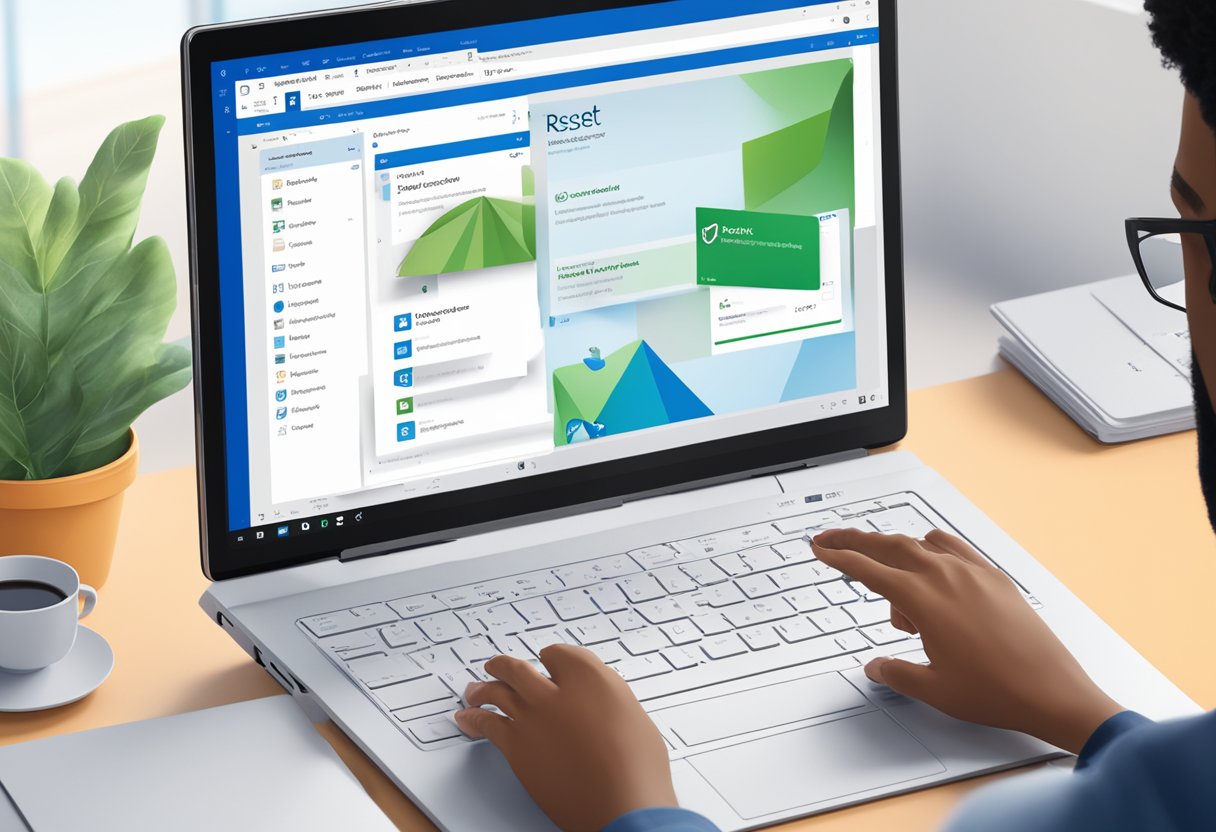A person clicks "Reset Outlook Account" on a computer screen, while a Microsoft 365 logo is visible in the background