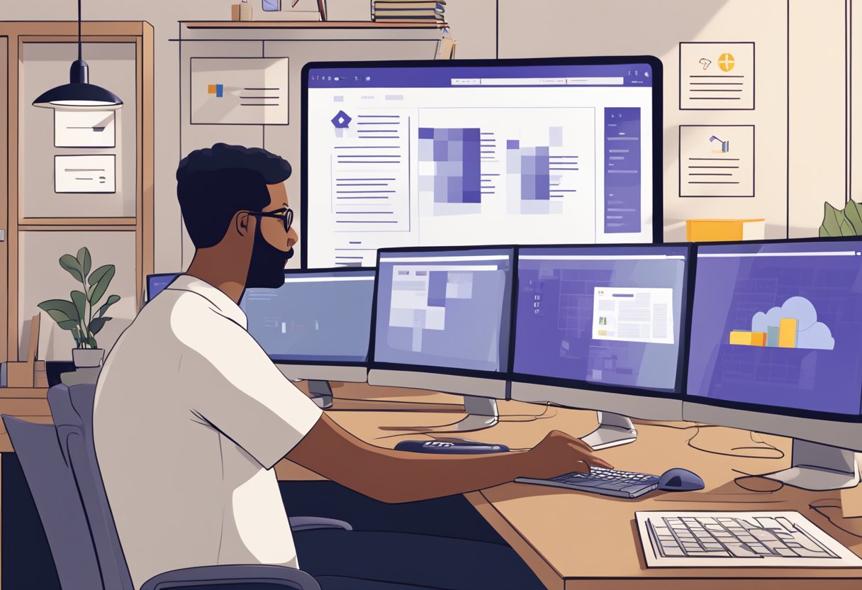 An office desk with a computer screen showing Outlook and Microsoft Teams open, with a puzzled expression on the user's face