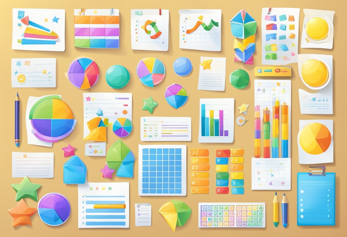 A colorful chart with a variety of tasks and corresponding rewards, such as stickers or stars, displayed prominently in a classroom setting