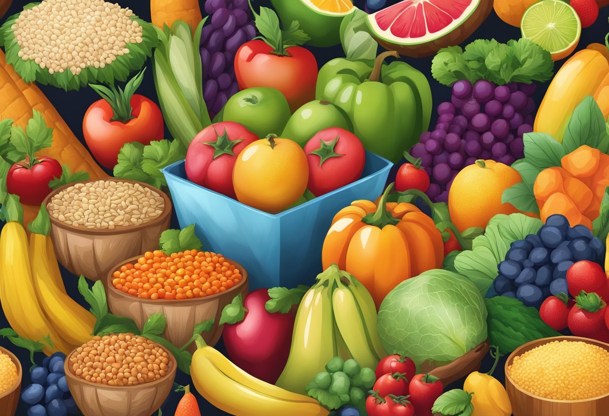 A variety of colorful fruits and vegetables arranged in a vibrant, bountiful display, with fiber-rich foods like whole grains and legumes also featured prominently