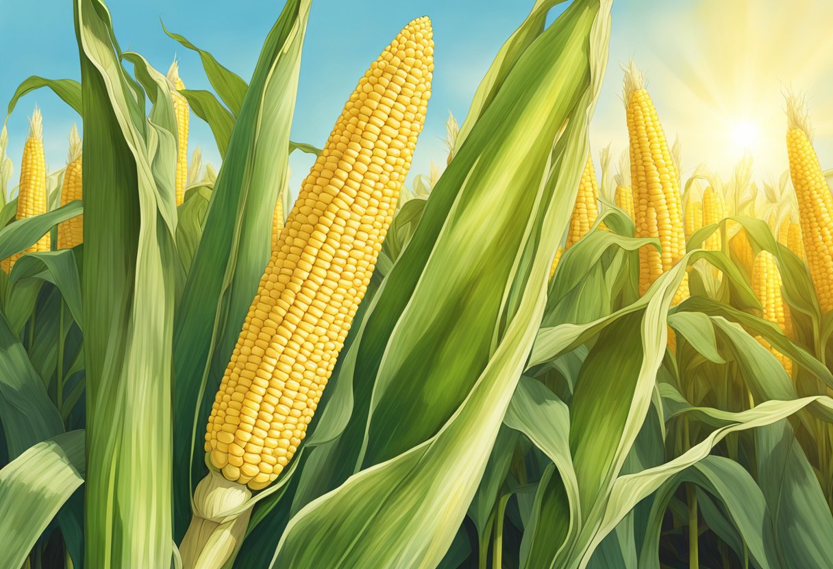 Ripe sweet corn on tall stalks in a sunlit field, with golden silk peeking out from the top of the ears