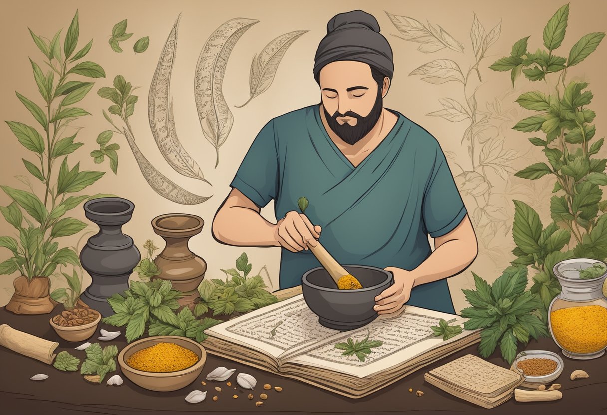 A figure using a mortar and pestle to grind herbs and spices, surrounded by ancient texts and scrolls on weight loss methods