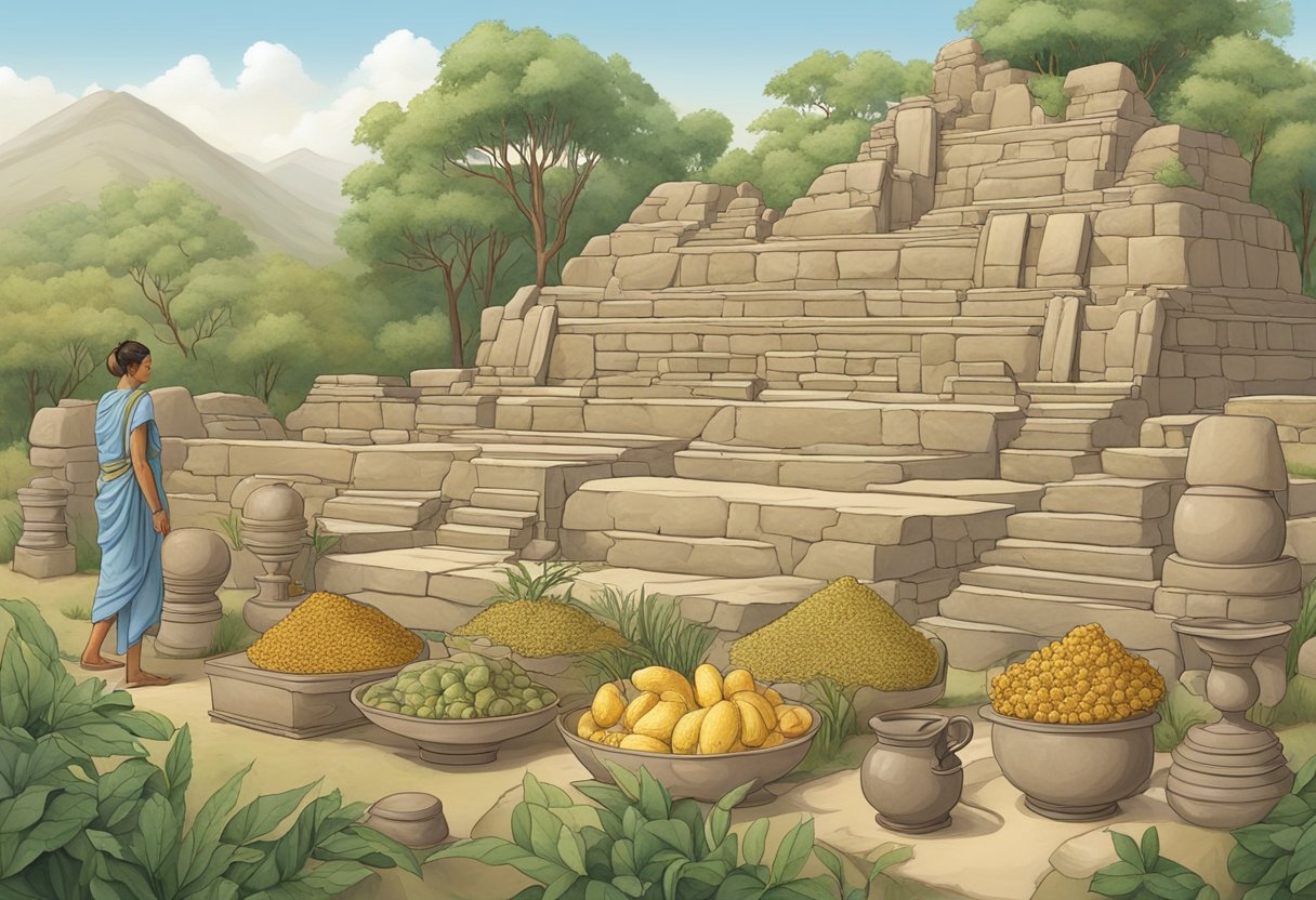 A scene of ancient civilizations practicing weight loss methods through herbal remedies, exercise, and portion control. No human subjects or body parts