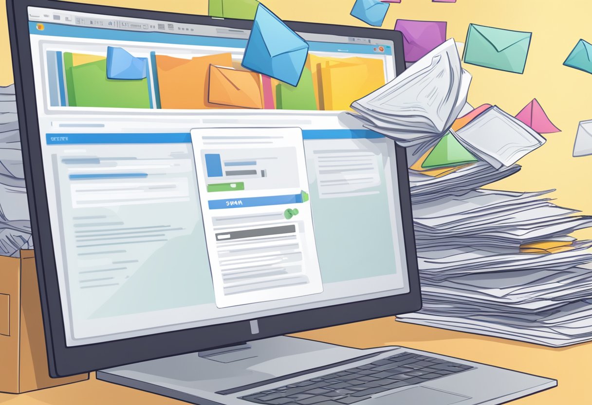 A computer screen with an open Outlook email account showing a "Report as Spam" button highlighted, with a pile of junk mail in the background