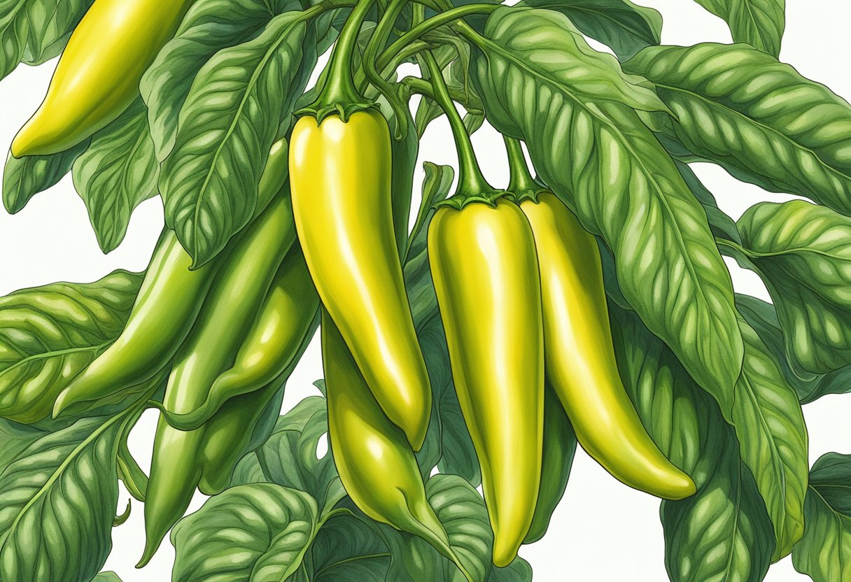 Ripe cubanelle peppers hang from the plant, showing a glossy, vibrant yellow-green color. The peppers are firm to the touch and have a slight curve, indicating they are ready to be picked