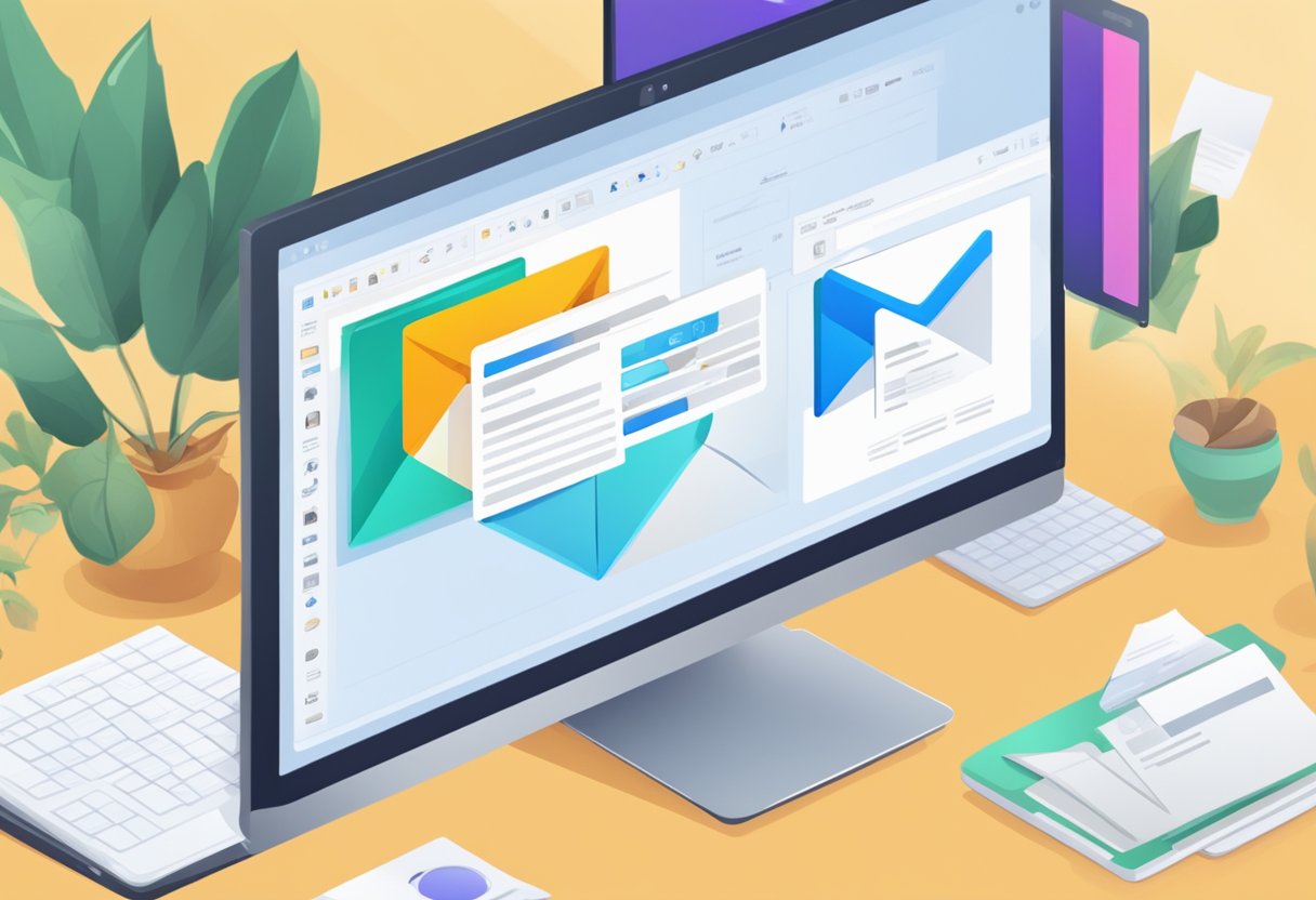 A computer screen with the Outlook email interface open, showing the process of setting up email management and saving photos from an email