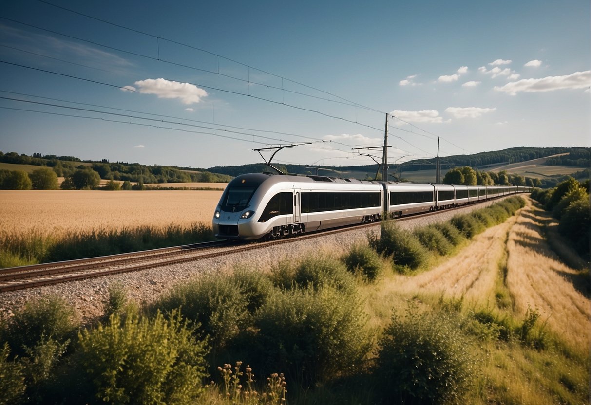 A sleek, modern train speeding through picturesque European countryside from Berlin to Paris, passing by rolling hills and charming villages along the way