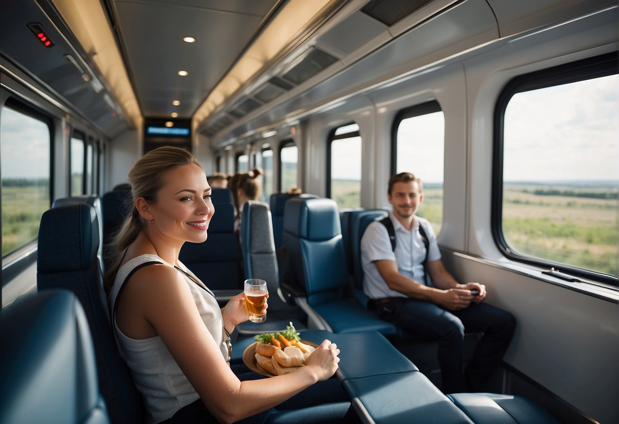 Passengers relaxing in spacious, modern train cabins with panoramic views of the European countryside. The train glides smoothly through the picturesque landscape, offering a comfortable and efficient travel experience